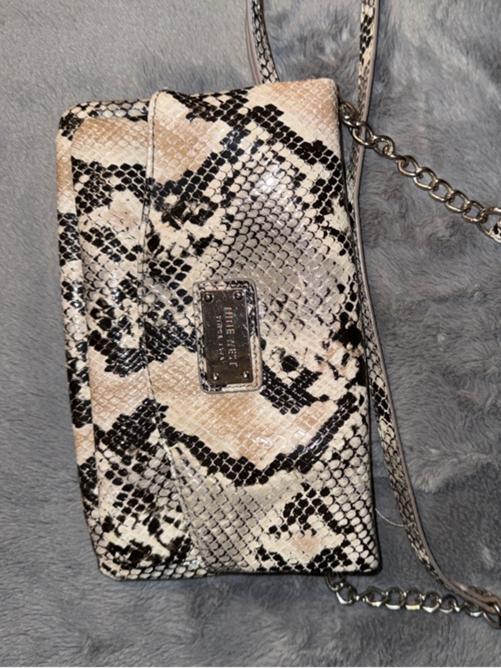 Nine West Black & Cream Snake-Print Crossbody Bag with Chain Strap